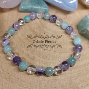 Bracelet Aérien - Amazonite, Améthyste et Cristal de roche (6mm) - 18cm - Cybele Pierres