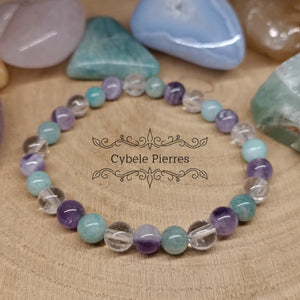 Bracelet Aérien - Amazonite, Améthyste et Cristal de roche (6mm) - 18cm - Cybele Pierres