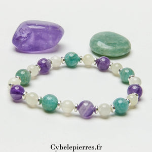 Bracelet Affection - Amazonite, Améthyste et Pierre de Lune (6 et 8mm) - 18cm | Apaisement et Harmonie - Cybele Pierres