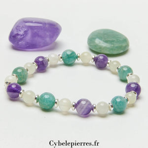 Bracelet Affection - Amazonite, Améthyste et Pierre de Lune (6 et 8mm) - 18cm | Apaisement et Harmonie - Cybele Pierres
