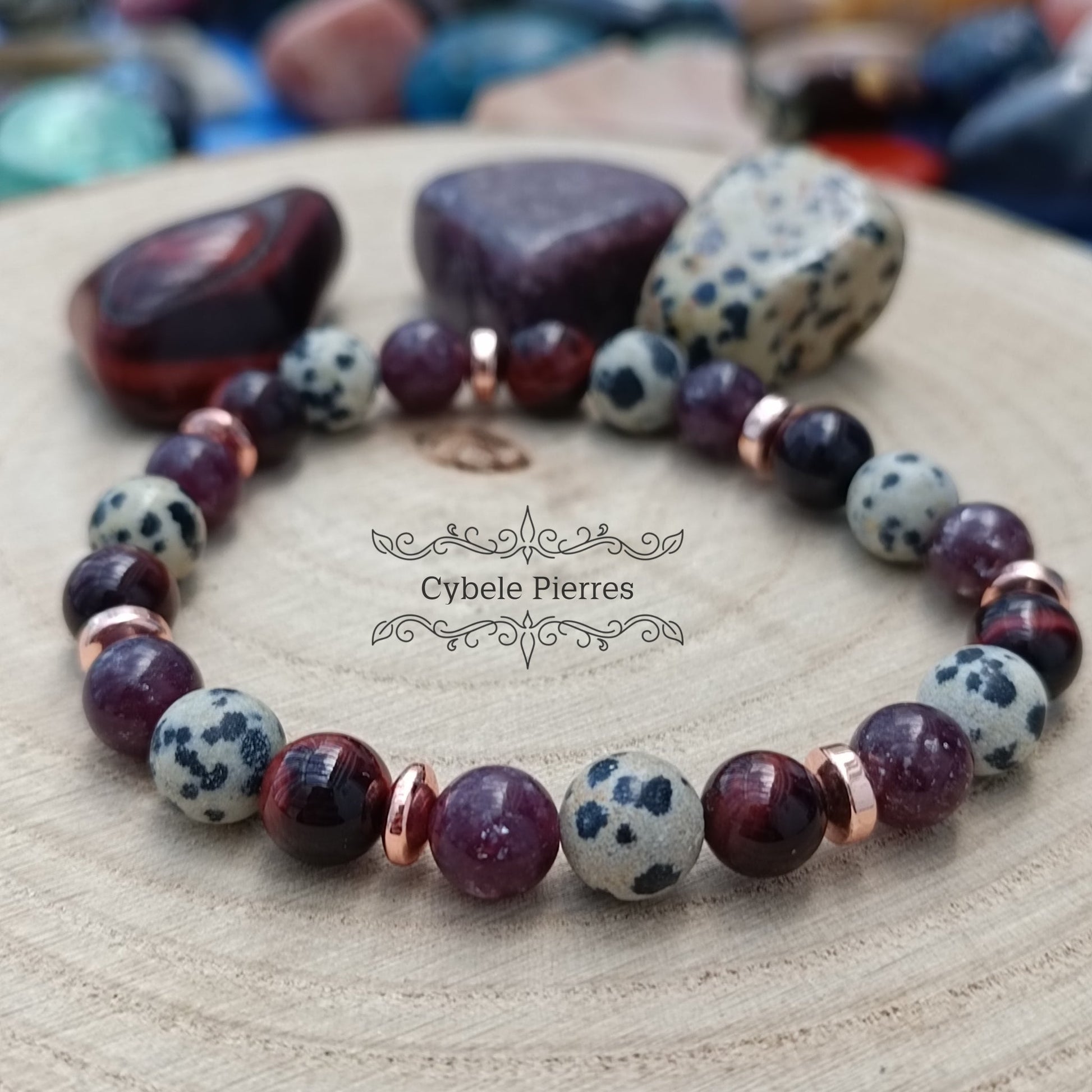 Bracelet Age d'or - Jaspe Dalmatien, Lépidolite et Oeil de taureau (8mm et 7mm) - 19cm - Cybele Pierres