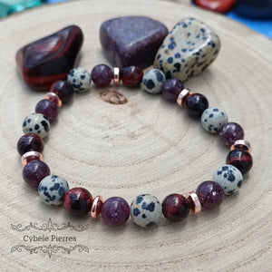 Bracelet Age d'or - Jaspe Dalmatien, Lépidolite et Oeil de taureau (8mm et 7mm) - 19cm - Cybele Pierres