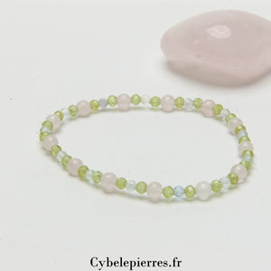 Bracelet Air Printanier - Quartz Rose, Péridot et Fluorite Bleue (3 et 4mm) - 17cm | Créativité et Apaisement - Cybele Pierres