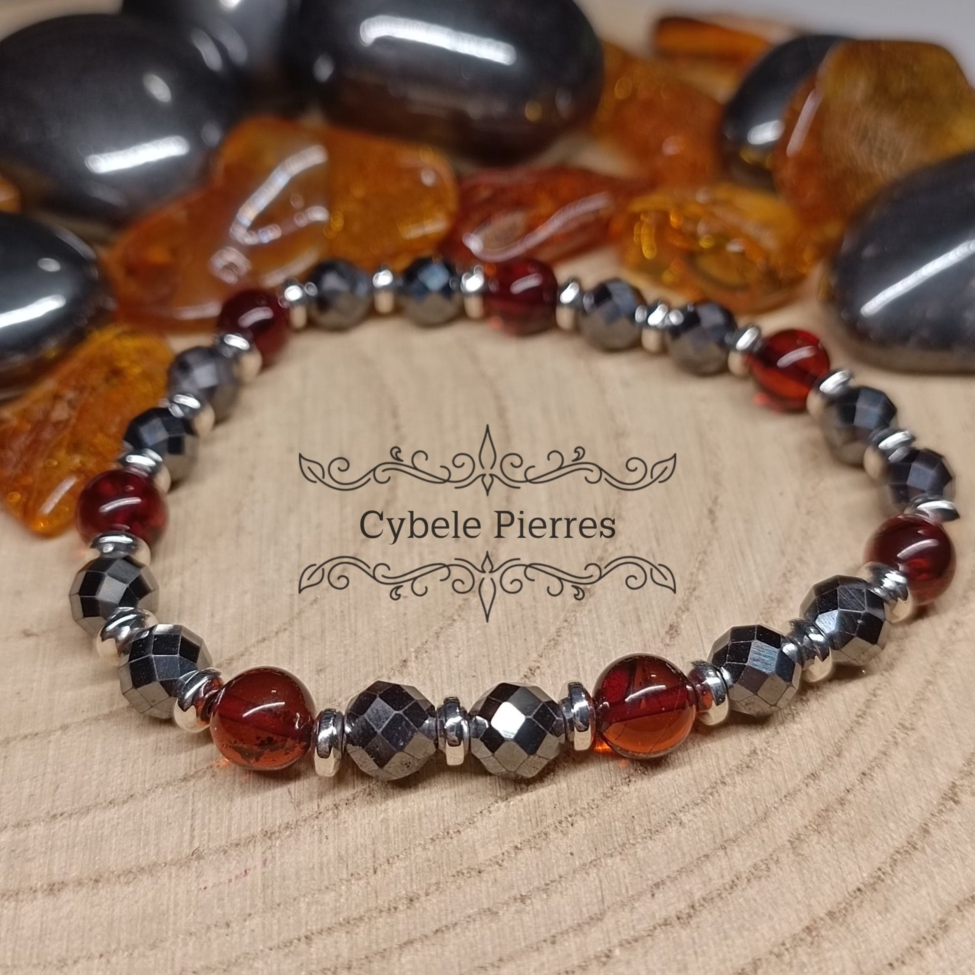 Bracelet Ambre et Hématite facettée (6mm) - 18cm - Cybele Pierres