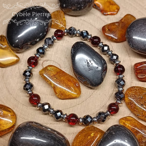 Bracelet Ambre et Hématite facettée (6mm) - 18cm - Cybele Pierres