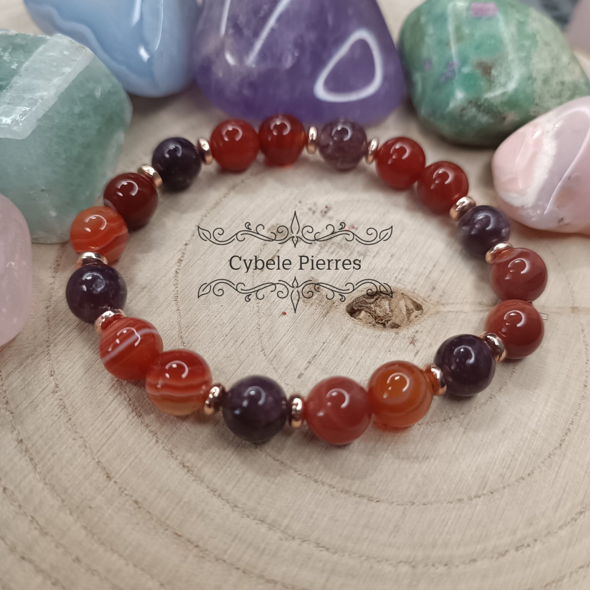 Bracelet Amour Indomptable - Cornaline et Lépidolite (8mm) - 17cm - Cybele Pierres