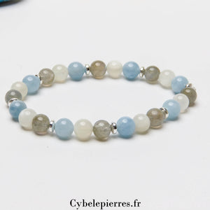 Bracelet Arctique - Labradorite, Pierre de Lune Blanche et Aigue - Marine (6mm) - 18cm | Intuition et Sérénité - Cybele Pierres