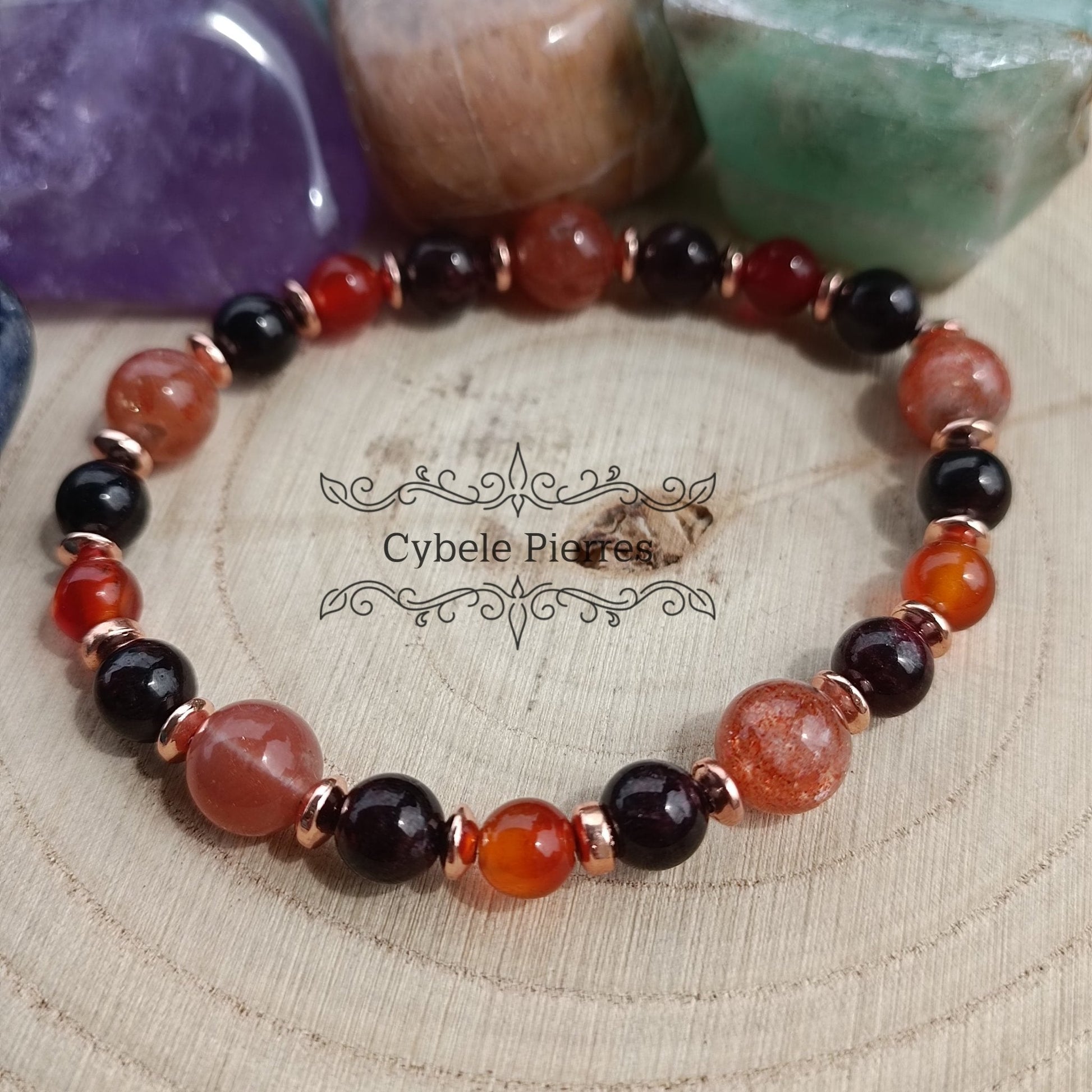 Bracelet Audace - Grenat, Pierre de Soleil et Cornaline (6 et 8mm) - 18m - Cybele Pierres