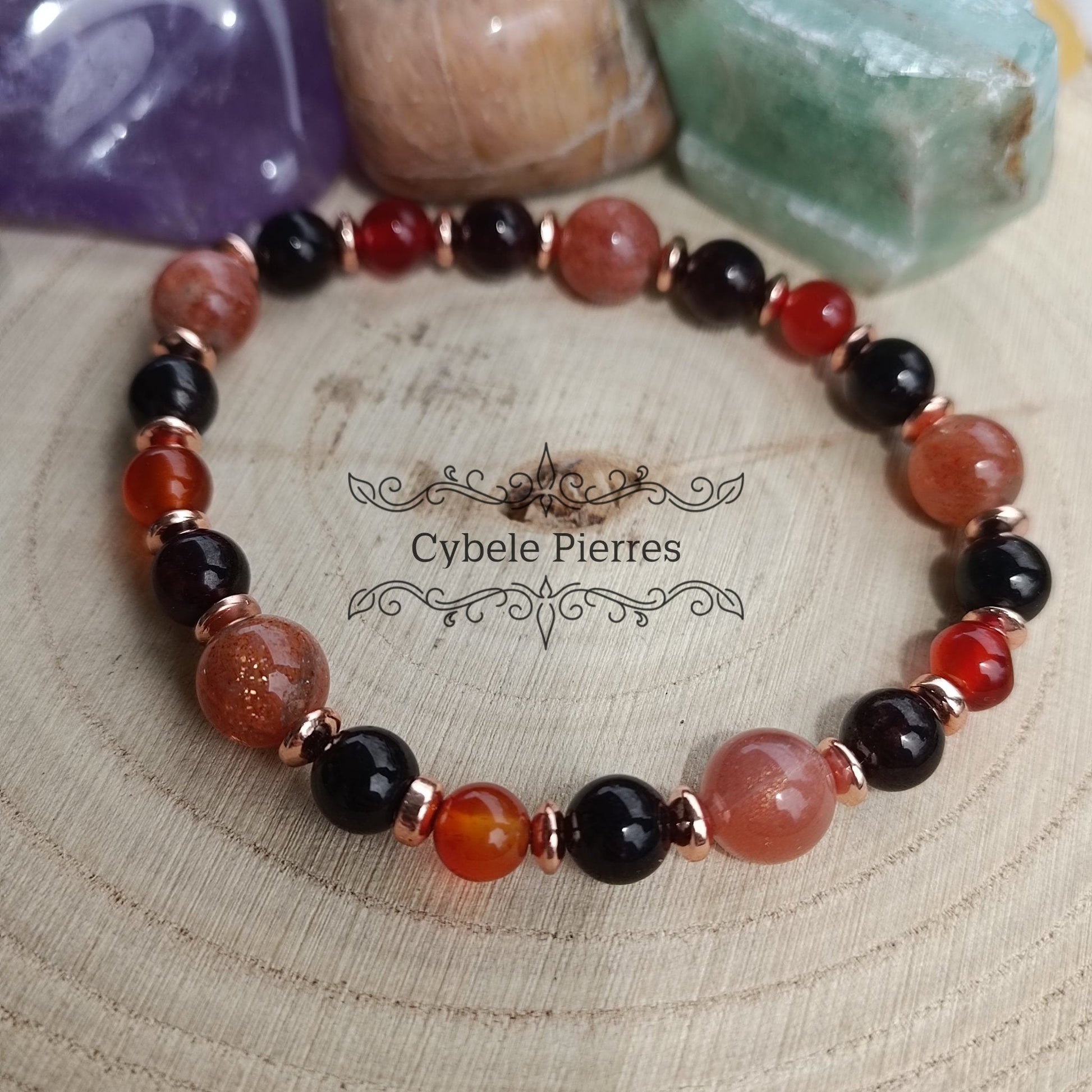 Bracelet Audace - Grenat, Pierre de Soleil et Cornaline (6 et 8mm) - 18m - Cybele Pierres