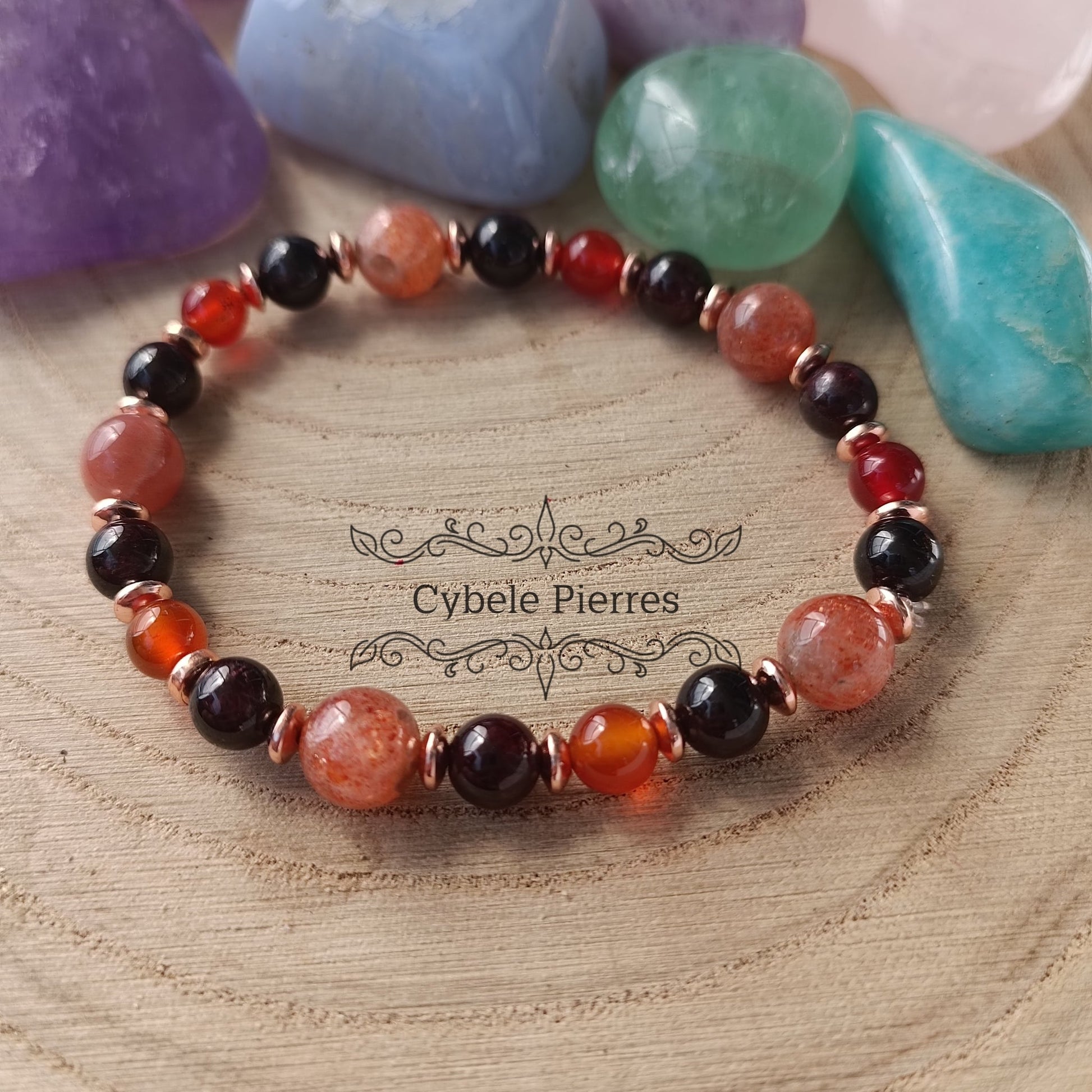 Bracelet Audace - Grenat, Pierre de Soleil et Cornaline (6 et 8mm) - 18m - Cybele Pierres