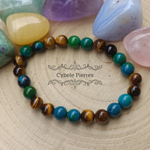 Bracelet Audacieux - Chrysocolle et Oeil de tigre (8mm) - 19cm - Cybele Pierres