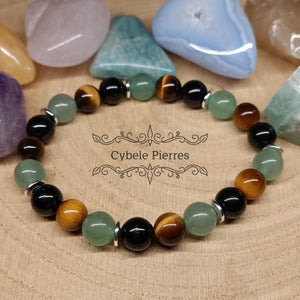 Bracelet Aventurine verte, Oeil de tigre et Tourmaline - 8mm - 19cm - Cybele Pierres