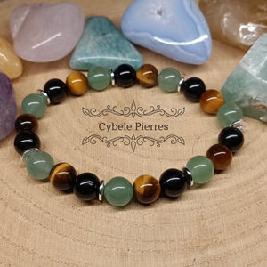 Bracelet Aventurine verte, Oeil de tigre et Tourmaline - 8mm - 19cm - Cybele Pierres