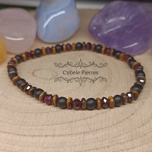 Bracelet Bien - Être Fusion - Oeil de tigre, Grenat facetté et Onyx (3 et 4mm) - 18cm - Cybele Pierres