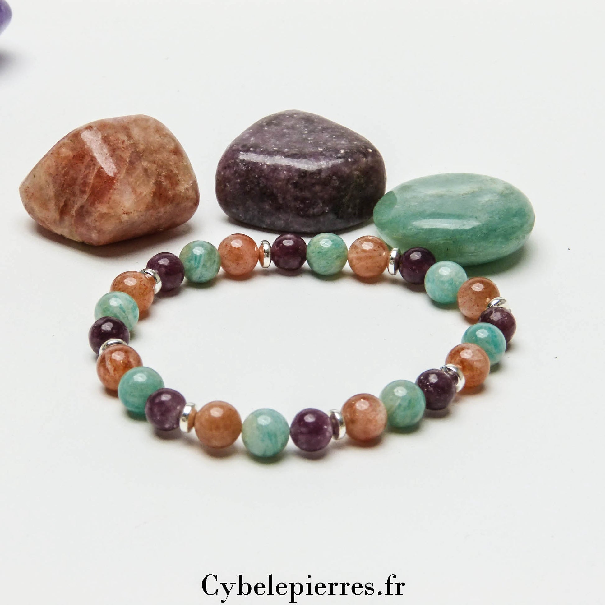 Bracelet Bonne Nuit - Amazonite, Pierre de Soleil et Lépidolite (6mm) - 18cm | Sérénité et Apaisement - Cybele Pierres