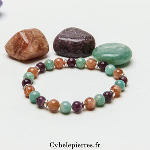 Bracelet Bonne Nuit - Amazonite, Pierre de Soleil et Lépidolite (6mm) - 18cm | Sérénité et Apaisement - Cybele Pierres