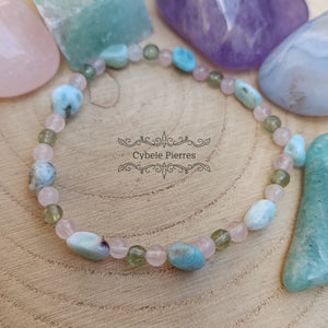 Bracelet Bouffée d'air frais - Larimar irrégulière , Quartz rose et Apatite verte (4mm) - 17cm - Cybele Pierres