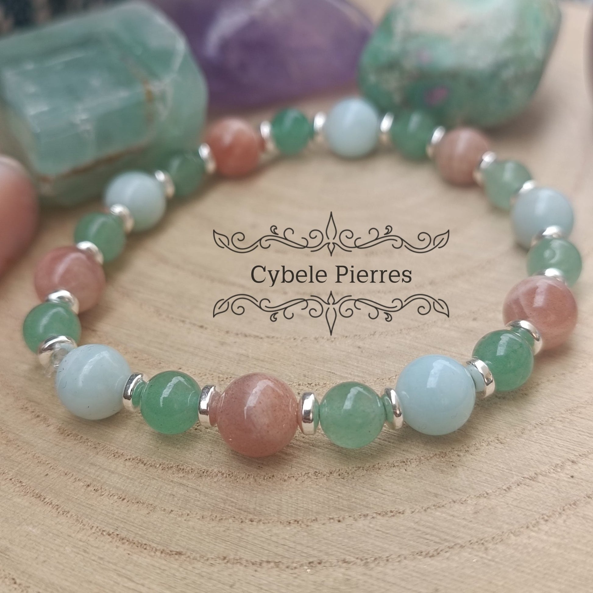 Bracelet Calme serein - Aventurine verte, Larimar et Pierre de Soleil (6 et 8mm ) - 19cm - Cybele Pierres