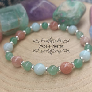Bracelet Calme serein - Aventurine verte, Larimar et Pierre de Soleil (6 et 8mm ) - 19cm - Cybele Pierres