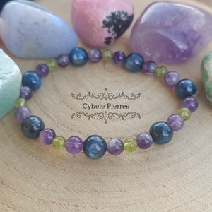 Bracelet Céleste : Cyanite, Péridot et Améthyste (6mm et 8mm) - 18cm - Cybele Pierres