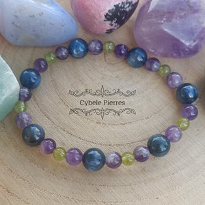 Bracelet Céleste : Cyanite, Péridot et Améthyste (6mm et 8mm) - 18cm - Cybele Pierres