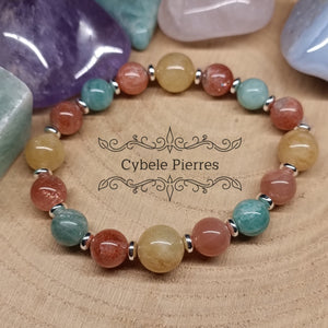 Bracelet C'est bientôt l'été - Amazonite, Pierre de Soleil et Héliodore (8mm et 10mm) - 17cm - Cybele Pierres