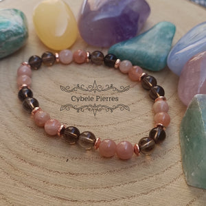 Bracelet "C'etait le temps d'avant" - Quartz fumé et Pierre de Soleil (6mm) - 17cm - Cybele Pierres