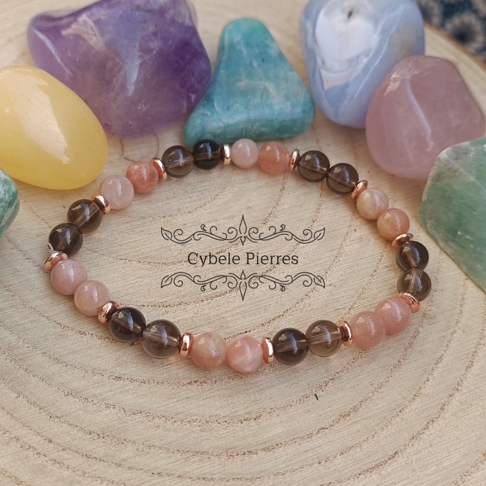 Bracelet "C'etait le temps d'avant" - Quartz fumé et Pierre de Soleil (6mm) - 17cm - Cybele Pierres