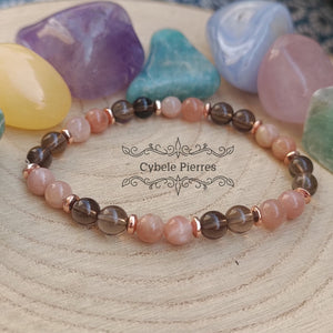 Bracelet "C'etait le temps d'avant" - Quartz fumé et Pierre de Soleil (6mm) - 17cm - Cybele Pierres