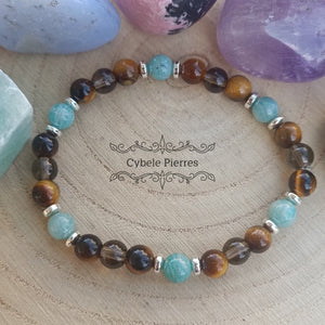 Bracelet Clair de Lune - Amazonite, Quartz fumé et Oeil de tigre (6mm) - 17cm - Cybele Pierres