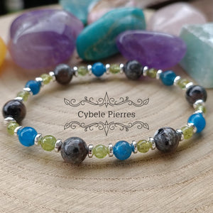 Bracelet Clairvoyance intérieure : Péridot, Apatite bleue et Yooperlite (3,6 et 8mm) - 19cm - Cybele Pierres