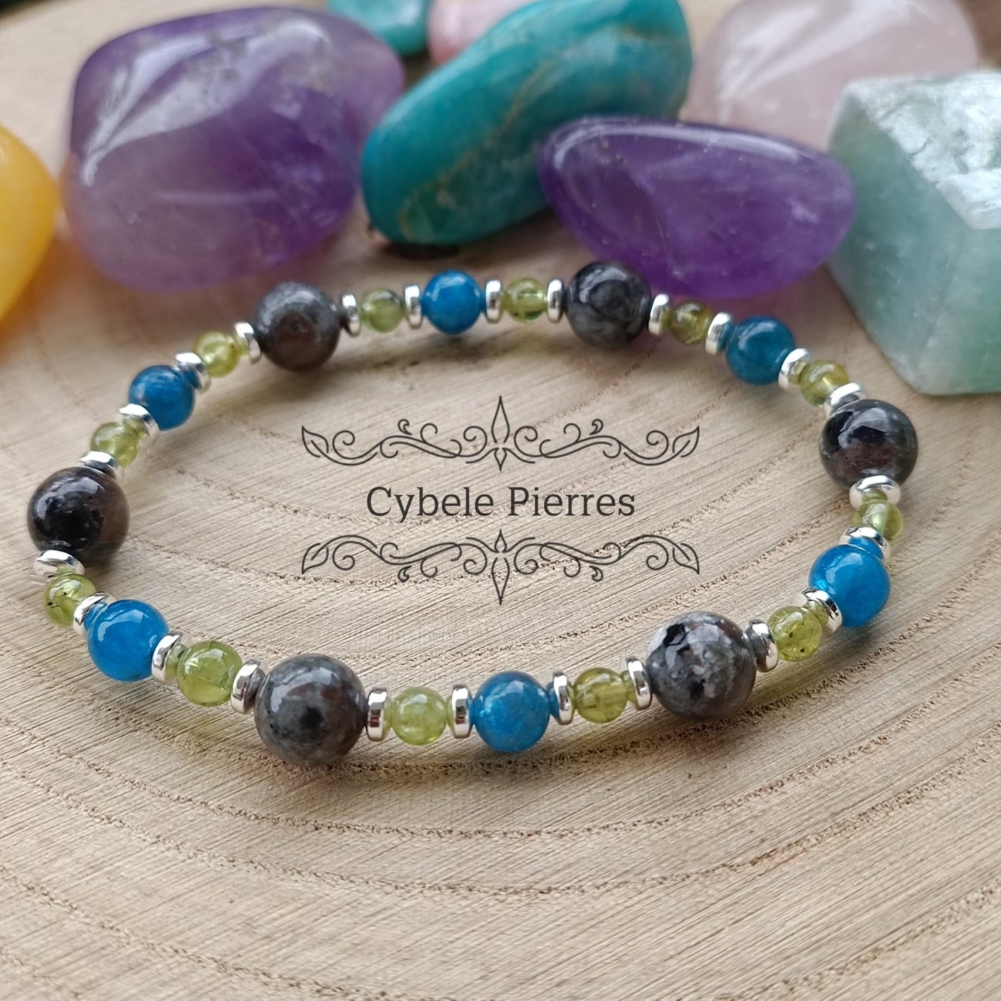Bracelet Clairvoyance intérieure : Péridot, Apatite bleue et Yooperlite (3,6 et 8mm) - 19cm - Cybele Pierres