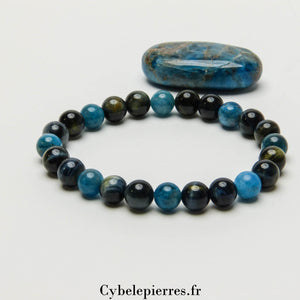 Bracelet Conscience - Œil de Faucon et Apatite Bleue (8mm) - 19 cm | Clarté et Réflexion - Cybele Pierres
