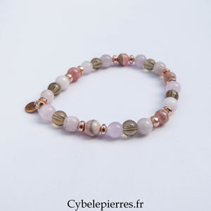 Bracelet Contrôle – Kunzite, Rhodochrosite et Quartz Fumé (5 - 6mm) – 17 cm | Ancrage & Équilibre - Cybele Pierres