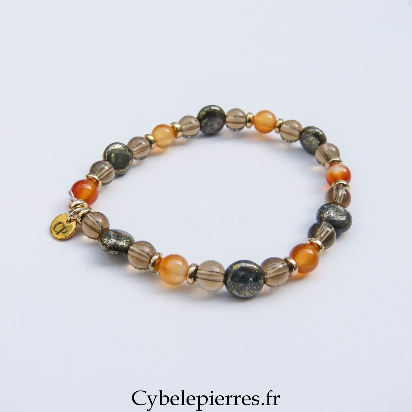 Bracelet Cornaline, Quartz Fumé & Pyrite (6 mm) – 17 cm | Confiance & Stabilité - Cybele Pierres