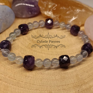 Bracelet Création d'hiver - Améthyste carrée facettée et Fluorine bleue (6 et 10mm) - 19cm - Cybele Pierres