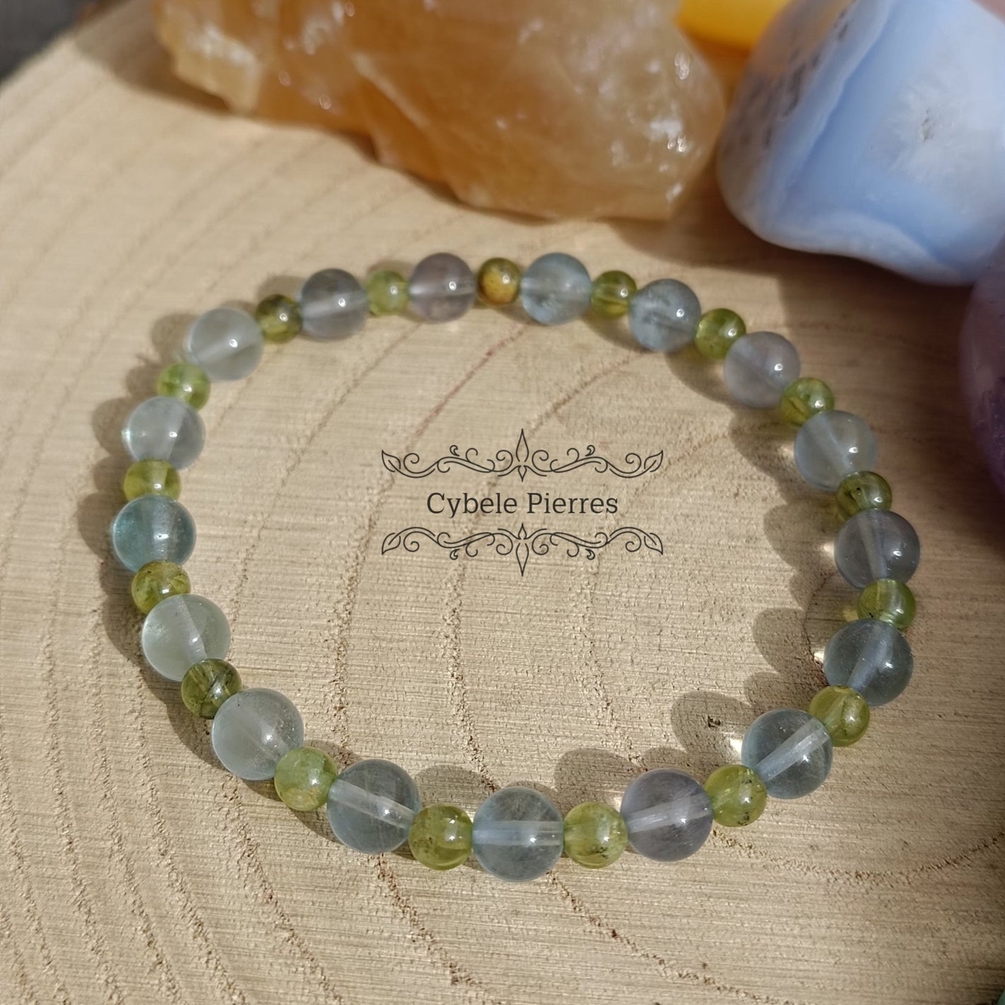 Bracelet Créativité et calme : Péridot et Fluorine bleue (3 et 6mm) - 18cm - Cybele Pierres