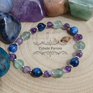 Bracelet Cyanite, Améthyste et Fluorine bleue (6mm et 8mm) - 19cm - Cybele Pierres