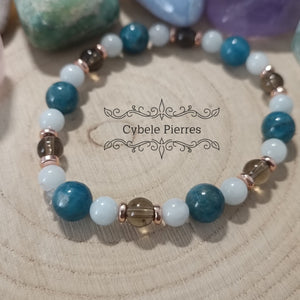 Bracelet Cyclade: Apatite bleue, Quartz fumé et Aigue - marine (6 et 8mm) - 18cm - Cybele Pierres