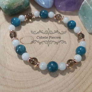 Bracelet Cyclade: Apatite bleue, Quartz fumé et Aigue - marine (6 et 8mm) - 18cm - Cybele Pierres