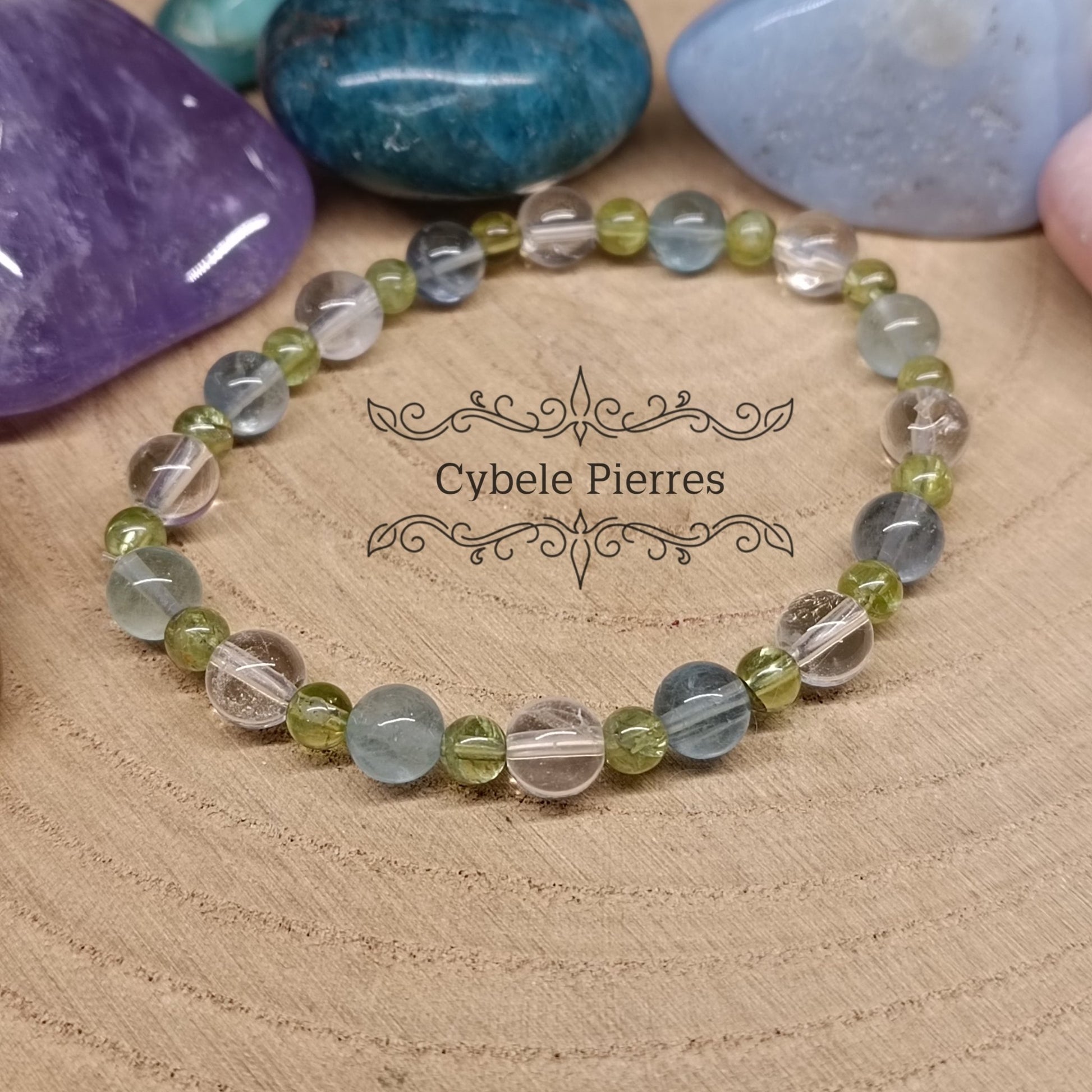 Bracelet Déconnexion : Cristal de roche, Péridot et Fluorine bleue (4mm et 6mm) - 18cm - Cybele Pierres