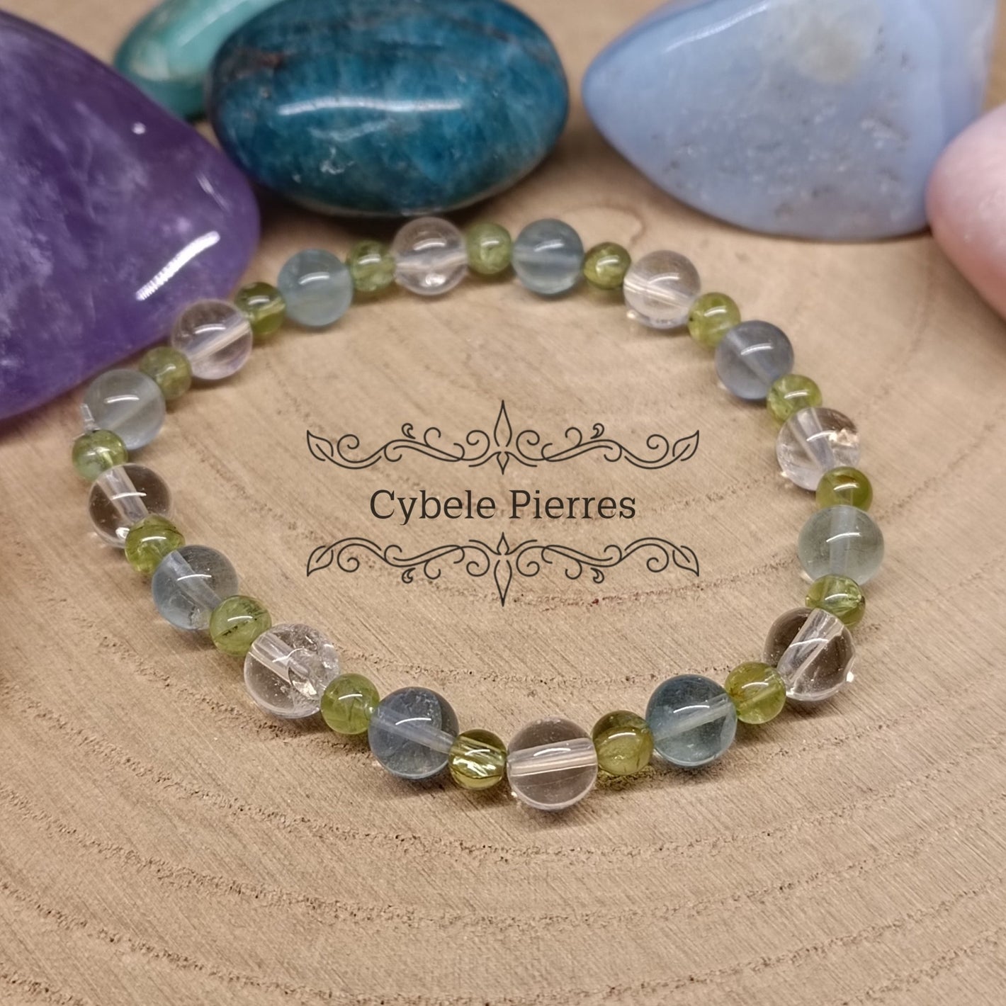 Bracelet Déconnexion : Cristal de roche, Péridot et Fluorine bleue (4mm et 6mm) - 18cm - Cybele Pierres