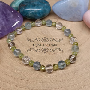 Bracelet Déconnexion : Cristal de roche, Péridot et Fluorine bleue (4mm et 6mm) - 18cm - Cybele Pierres
