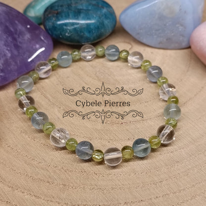 Bracelet Déconnexion : Cristal de roche, Péridot et Fluorine bleue (4mm et 6mm) - 18cm - Cybele Pierres