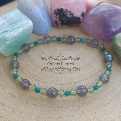 Bracelet Découverte - Quatum quattro, Apatite verte et Labradorite (2mm, 4mm et 6mm) - 17cm [🔥Dernier exemplaire!] - Cybele Pierres
