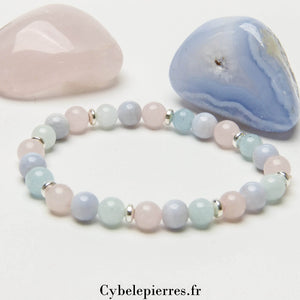 Bracelet Destin - Quartz Rose, Aigue - Marine et Calcédoine Bleue (6mm) - 17 cm | Harmonie et Expression - Cybele Pierres