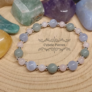 Bracelet Douce émotion : Quartz rose, Calcédoine bleue et Jade de Birmanie (6 et 8mm) - 18cm - Cybele Pierres