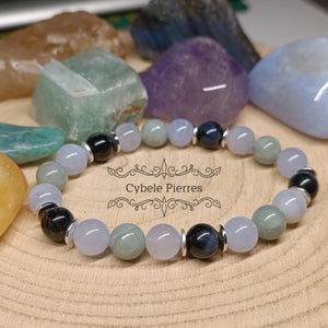 Bracelet Douce Perception :Oeil de Faucon, Calcédoine bleue et Jade de Birmanie (8mm) - 18cm - Cybele Pierres