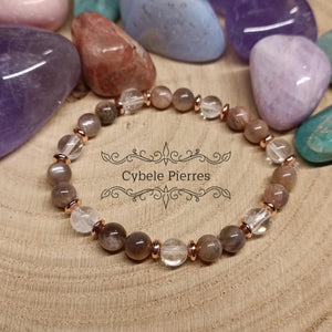 Bracelet Douceur automnale - Cristal de roche et Pierre de Lune (6mm) - 17cm - Cybele Pierres