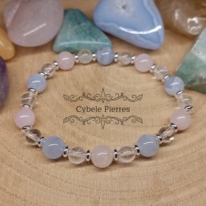Bracelet Douceur et apaisement - Quartz rose, Cristal de roche et Calcédoine bleue (6 et 8mm) - 19cm - Cybele Pierres